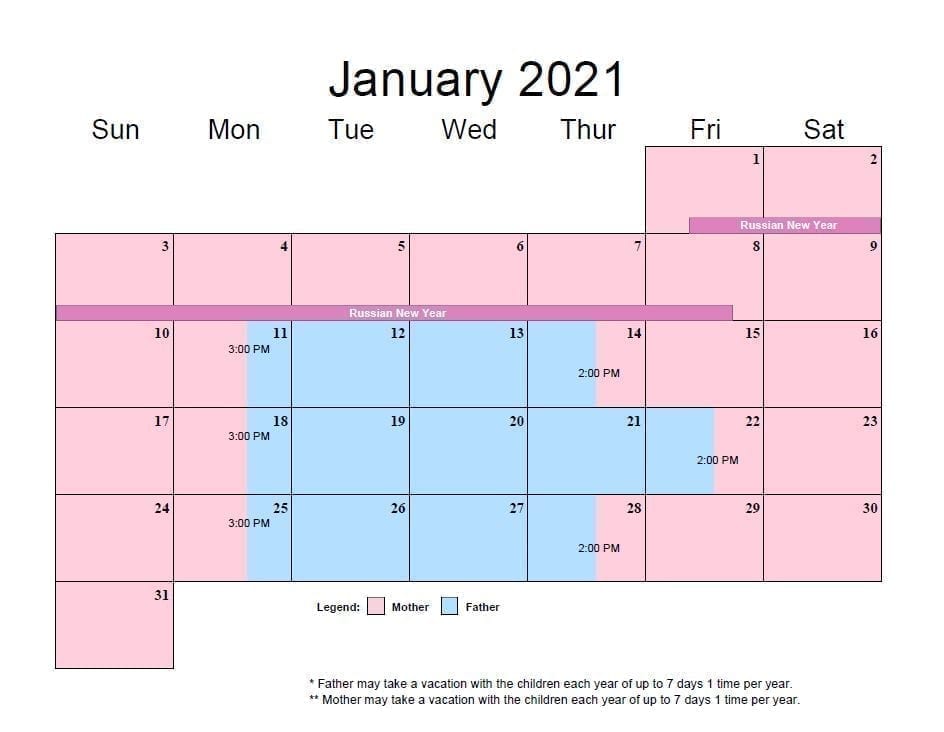 Parenting Plan Calendar Template Free